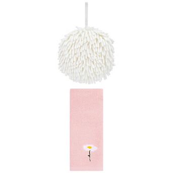 2 pc Absorbent Fluffy Chenille Ball Hand Towel and Floral Cotton Hand Towel Set 6"x6"&13"x30"