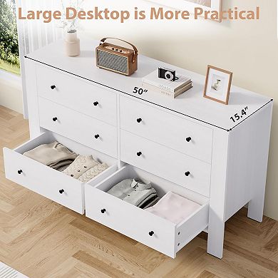 Modern 6-Drawer Double Dresser, Wood Storage Chest with Deep Drawers for Bedroom, Home Office
