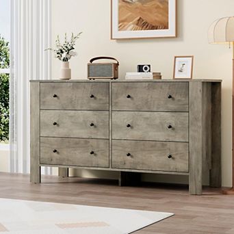 Modern 6-Drawer Double Dresser, Wood Storage Chest with Deep Drawers for Bedroom, Home Office