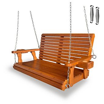 Wooden Porch Swing 2-Seater, Bench Swing with Cupholders for Outdoor Patio Garden Yard, 4 ft