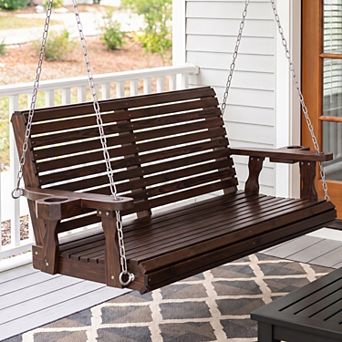 Wooden Porch Swing 2-Seater, Bench Swing with Cupholders for Outdoor Patio Garden Yard, 4 ft