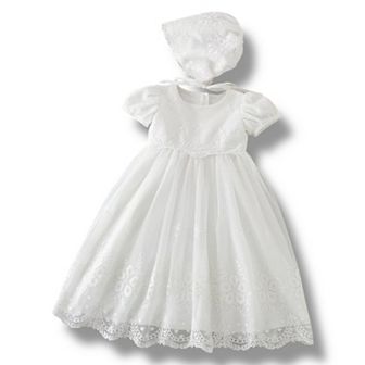 Baby Girls Lace Short-Sleeve Baptism Dress Christening Gown with Bonnet