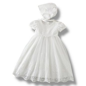 Baby Girls Lace Short-Sleeve Baptism Dress Christening Gown with Bonnet