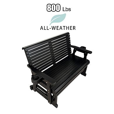 Outdoor Wood Glider with High Roll Back and Cup Holders, Heavy Duty 800 lbs
