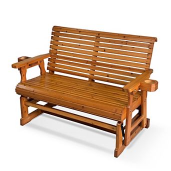 Outdoor Wood Glider with High Roll Back and Cup Holders, Heavy Duty 800 lbs