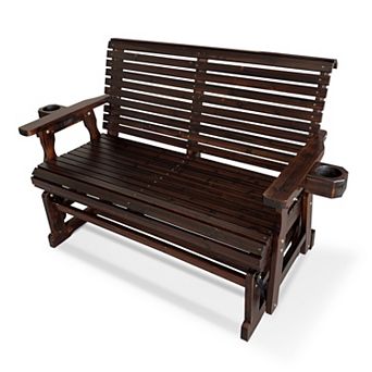 Outdoor Wood Glider with High Roll Back and Cup Holders, Heavy Duty 800 lbs