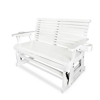 Outdoor Wood Glider with High Roll Back and Cup Holders, Heavy Duty 800 lbs