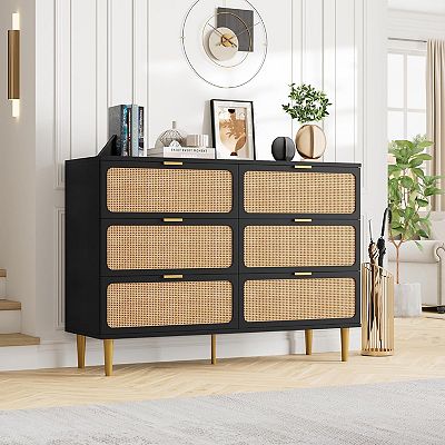 Rattan 6 Drawer Dresser for Bedroom, Large Double Dresser with Deep Drawers - Black
