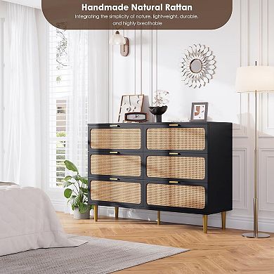 Rattan 6-Drawer Double Dresser,Large Wood Chest w/ Wide Top & Deep Drawers for Bedroom,Living Room