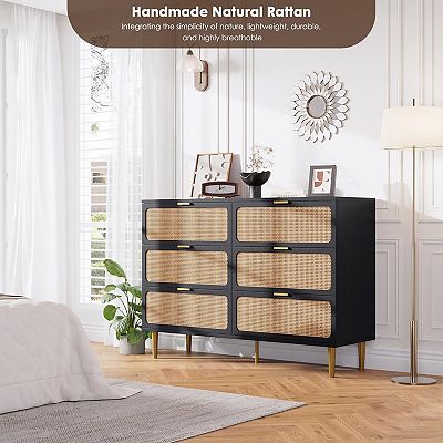 Rattan 6-Drawer Double Dresser,Large Wood Chest w/ Wide Top & Deep Drawers  for Bedroom,Living Room