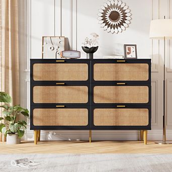 Rattan 6-Drawer Double Dresser,Large Wood Chest w/ Wide Top & Deep Drawers for Bedroom,Living Room