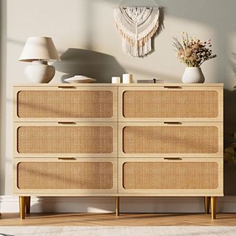 Rattan 6-Drawer Double Dresser,Large Wood Chest w/ Wide Top & Deep Drawers for Bedroom,Living Room