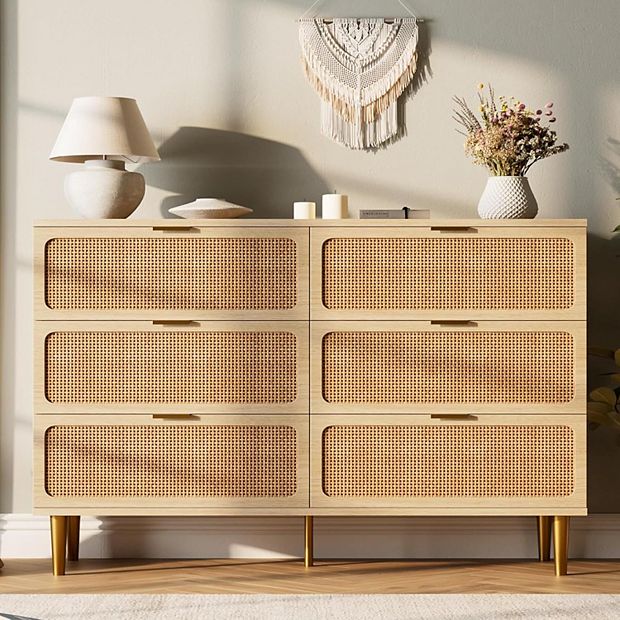 Rattan 6-Drawer Double Dresser,Large Wood Chest w/ Wide Top & Deep Drawers  for Bedroom,