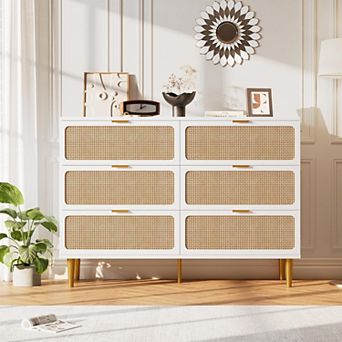 Rattan 6-Drawer Double Dresser,Large Wood Chest w/ Wide Top & Deep Drawers for Bedroom,Living Room