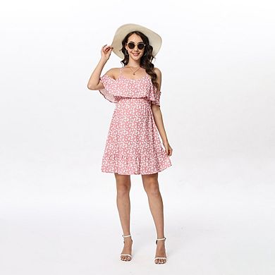 Maternity Nursing Dress Womens Spaghetti Strap Ruffle Sleeve Daisy Printed A-Line Tiered Flowy Swing