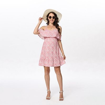 Maternity Nursing Dress Womens Spaghetti Strap Ruffle Sleeve Daisy Printed  A-Line Tiered Flowy Swing