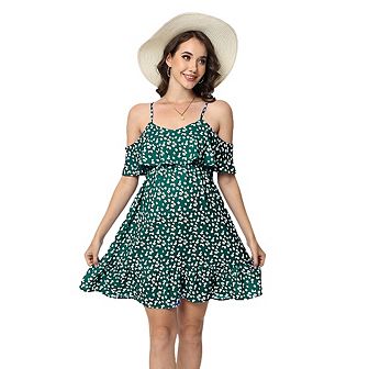 Maternity Nursing Dress Womens Spaghetti Strap Ruffle Sleeve Daisy Printed A-Line Tiered Flowy Swing