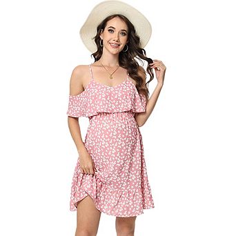 Maternity Nursing Dress Womens Spaghetti Strap Ruffle Sleeve Daisy Printed A-Line Tiered Flowy Swing