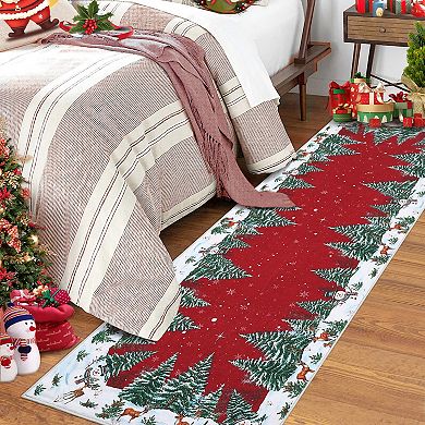 Snowman House Pine Tree Christmas Area Rug Xmas Home Decor Low-Profile Washable Rugs for Entryway