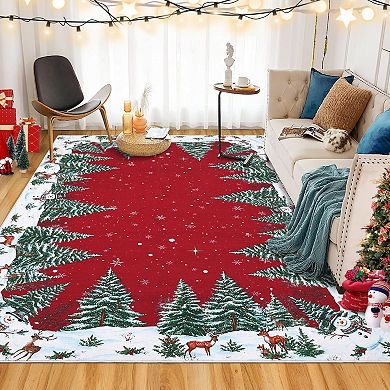 Snowman House Pine Tree Christmas Area Rug Xmas Home Decor Low-Profile Washable Rugs for Entryway