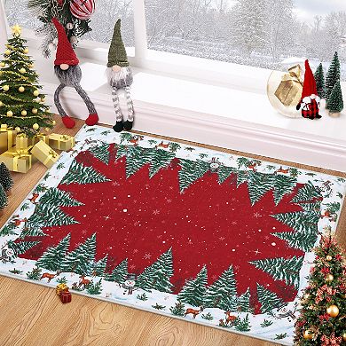 Snowman House Pine Tree Christmas Area Rug Xmas Home Decor Low-Profile Washable Rugs for Entryway