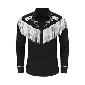 Men's Fringe Shirts Embroidered Western Cowboy Costume Long Sleeve Button Down Hippie Shirt