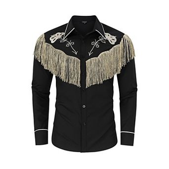Men's Fringe Shirts Embroidered Western Cowboy Costume Long Sleeve Button Down Hippie Shirt
