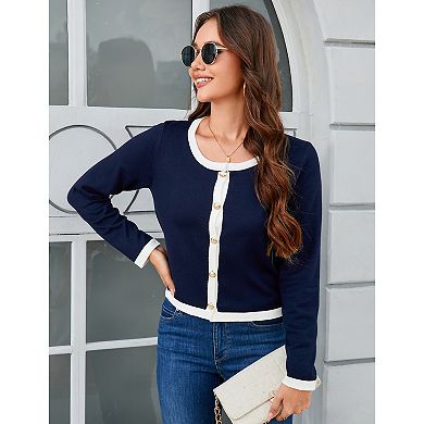 Women's Cropped Cardigan Color Blocked Open Front Button Down Knit Lady Sweaters