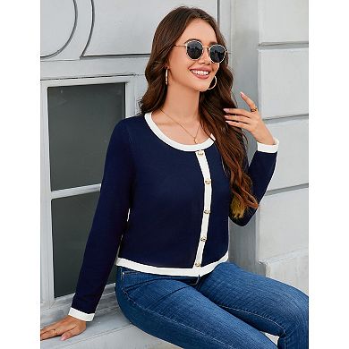 Women's Cropped Cardigan Color Blocked Open Front Button Down Knit Lady Sweaters