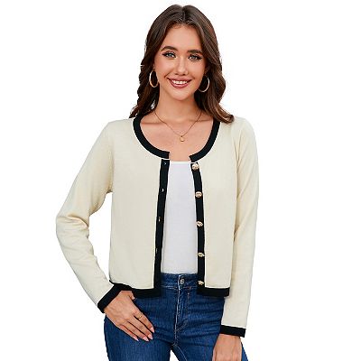Women's Cropped Cardigan Color Blocked Open Front Button