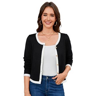 Women's Cropped Cardigan Color Blocked Open Front Button Down Knit Lady Sweaters
