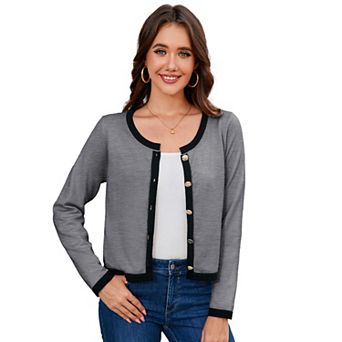 Women's Cropped Cardigan Color Blocked Open Front Button Down Knit Lady Sweaters