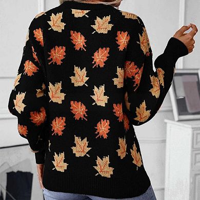 Women's Maple Leaf Jacquard Sweater Long Sleeve Crewneck Pullover Soft Cozy Fall