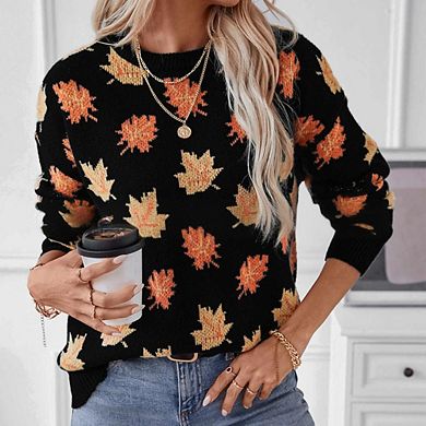 Women's Maple Leaf Jacquard Sweater Long Sleeve Crewneck Pullover Soft Cozy Fall