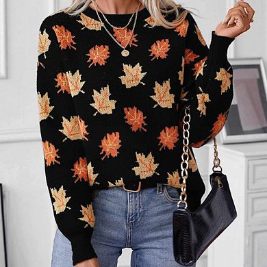 Women's Maple Leaf Jacquard Sweater Long Sleeve Crewneck Pullover Soft Cozy Fall