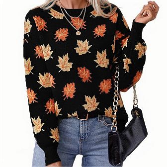 Women's Maple Leaf Jacquard Sweater Long Sleeve Crewneck Pullover Soft Cozy Fall