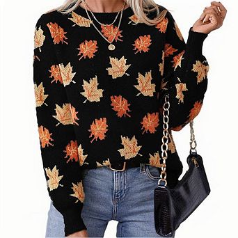 Women's Maple Leaf Jacquard Sweater Long Sleeve Crewneck Pullover Soft Cozy Fall