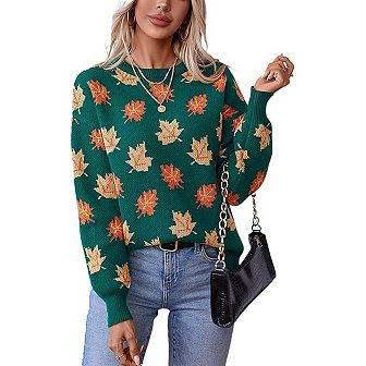 Women's Maple Leaf Jacquard Sweater Long Sleeve Crewneck Pullover Soft Cozy Fall