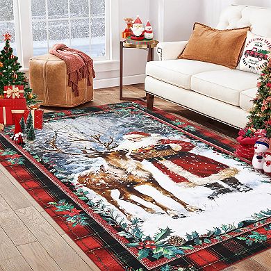 Christmas Santa Claus Reindeer Area Rug Washable Non Slip Winter Rugs Christmas for Living Room