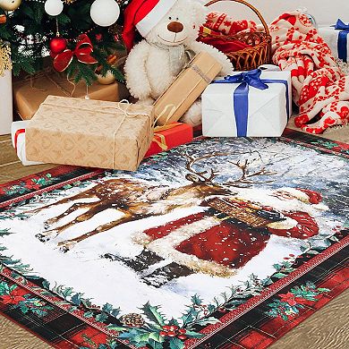 Christmas Santa Claus Reindeer Area Rug Washable Non Slip Winter Rugs Christmas for Living Room