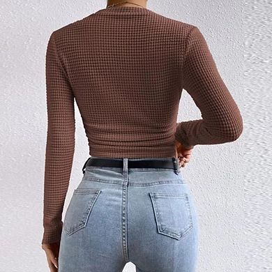 Women Long Sleeve Crew Neck Waffle Knit Casual Cropped Top