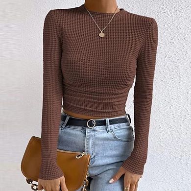 Women Long Sleeve Crew Neck Waffle Knit Casual Cropped Top