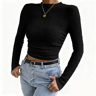 Women Long Sleeve Crew Neck Waffle Knit Casual Cropped Top