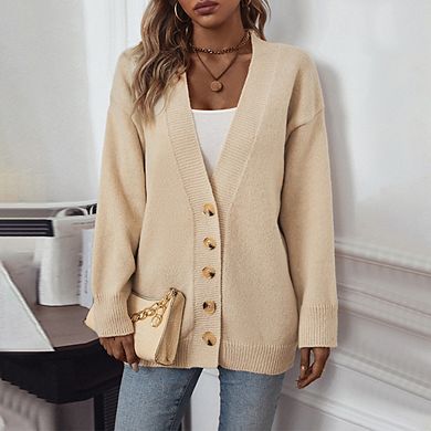 Women Long Sleeve V Neck Button Down Casual Knit Cardigan Coat