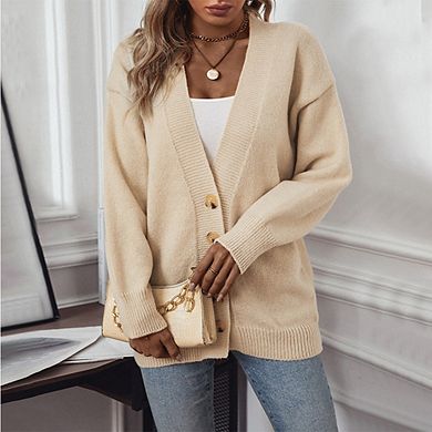 Women Long Sleeve V Neck Button Down Casual Knit Cardigan Coat