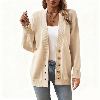 Women Long Sleeve V Neck Button Down Casual Knit Cardigan Coat