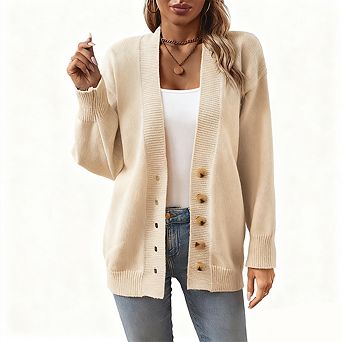 Women Long Sleeve V Neck Button Down Casual Knit Cardigan Coat