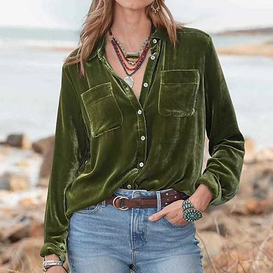 Womens Winter Velvet Long Sleeve Button Down Casual Tops Shirts