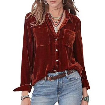Womens Winter Velvet Long Sleeve Button Down Casual Tops Shirts