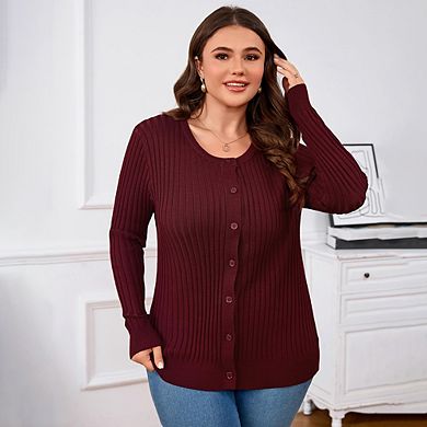 Women's Plus Size Sweater Cardigan Round Neck Long Sleeve Single Breasted Casual Jacket Knit Outwear